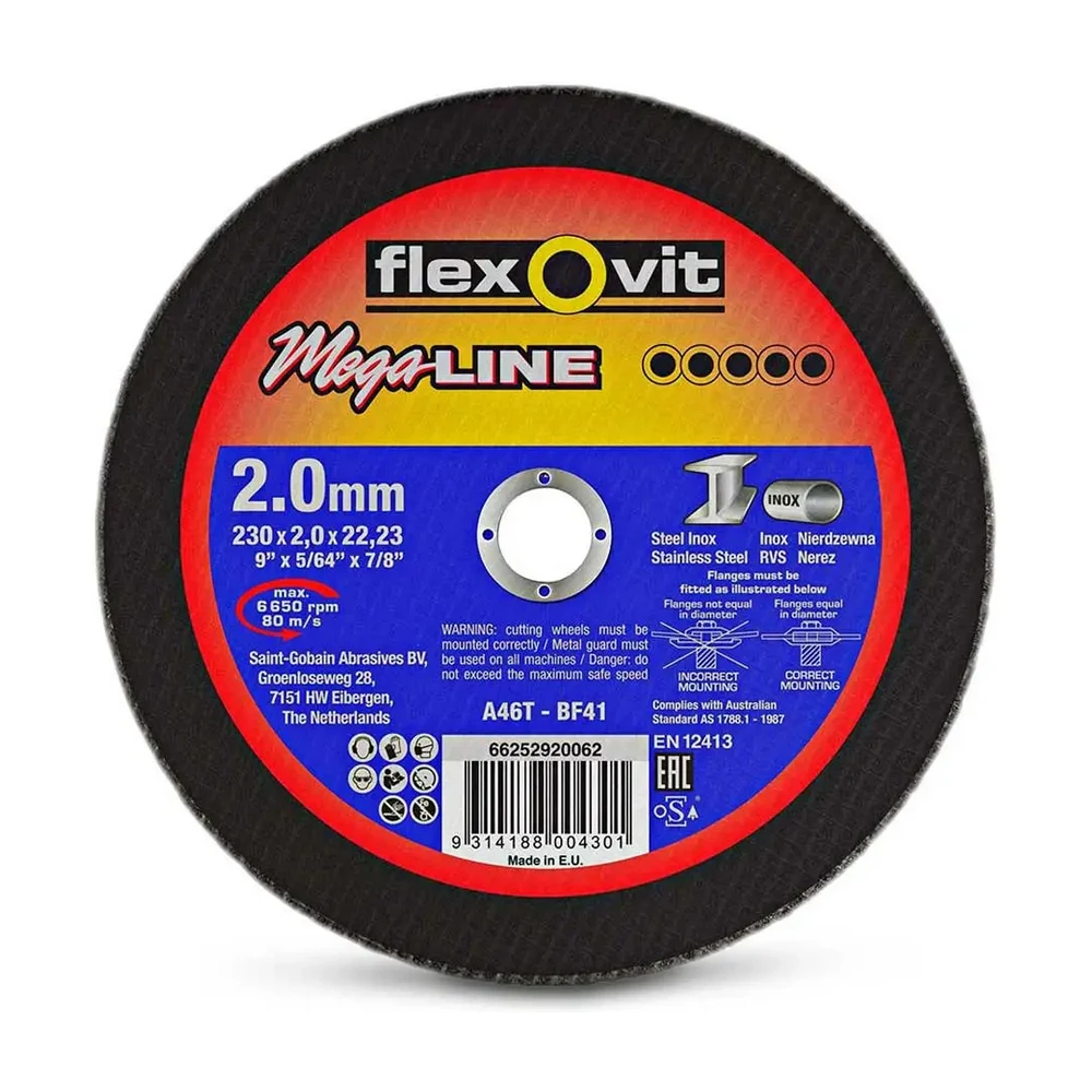Flexovit Mega-Line Steel/Inox 230×2.0mm Cutting Disc (66252920062) 1 Flexovit Mega-Line Steel/Inox 230×2.0mm Cutting Disc (66252920062)