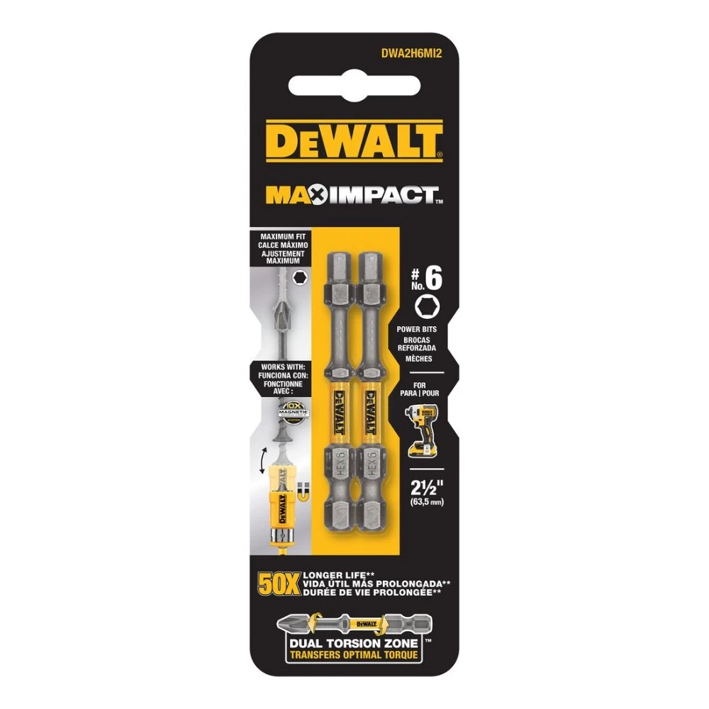 DeWalt DWA2H6MI2 MAX IMPACT™ 63.5mm HEX6 Power Bit 2-Pack 2 DeWalt DWA2H6MI2 MAX IMPACT™ 63.5mm HEX6 Power Bit 2-Pack - Image 2